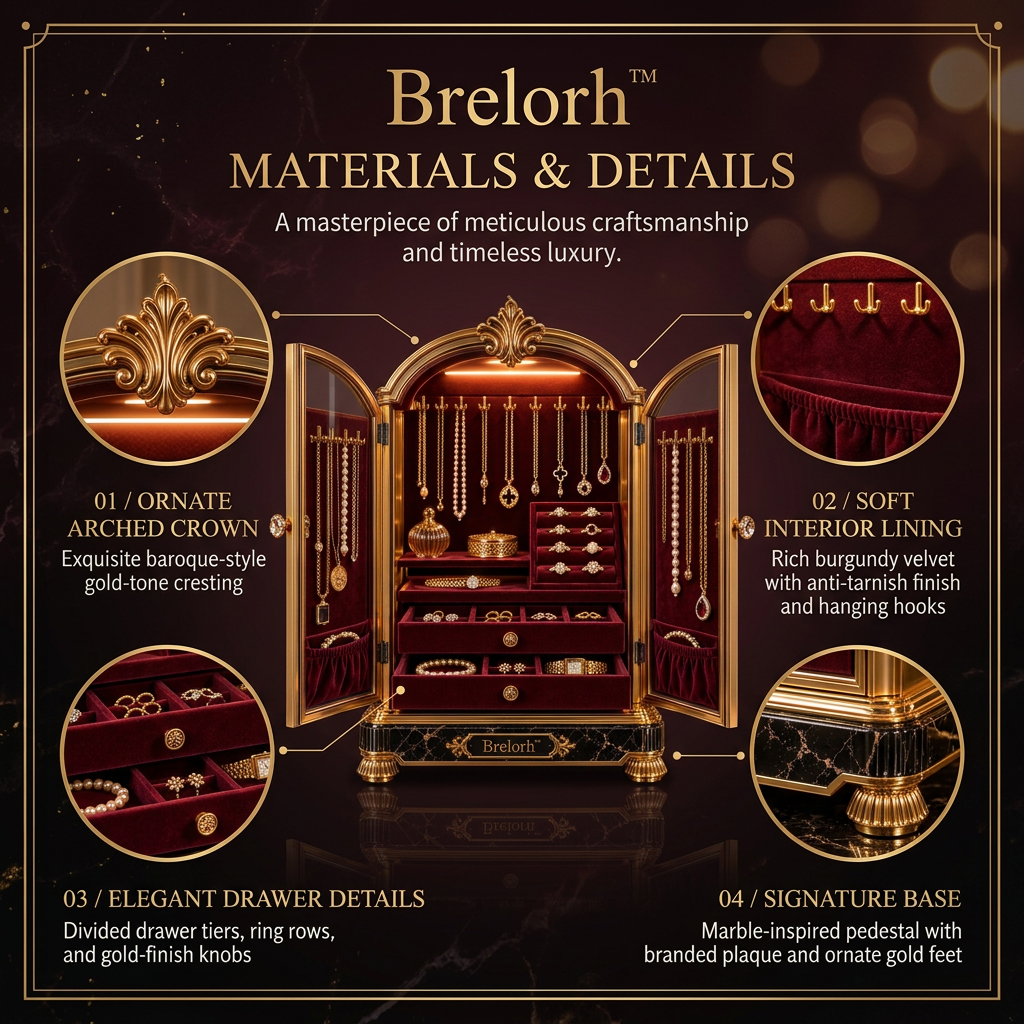 Brelorh™ Regal Arched Burgundy Double-Door Jewelry Cabinet — image 4