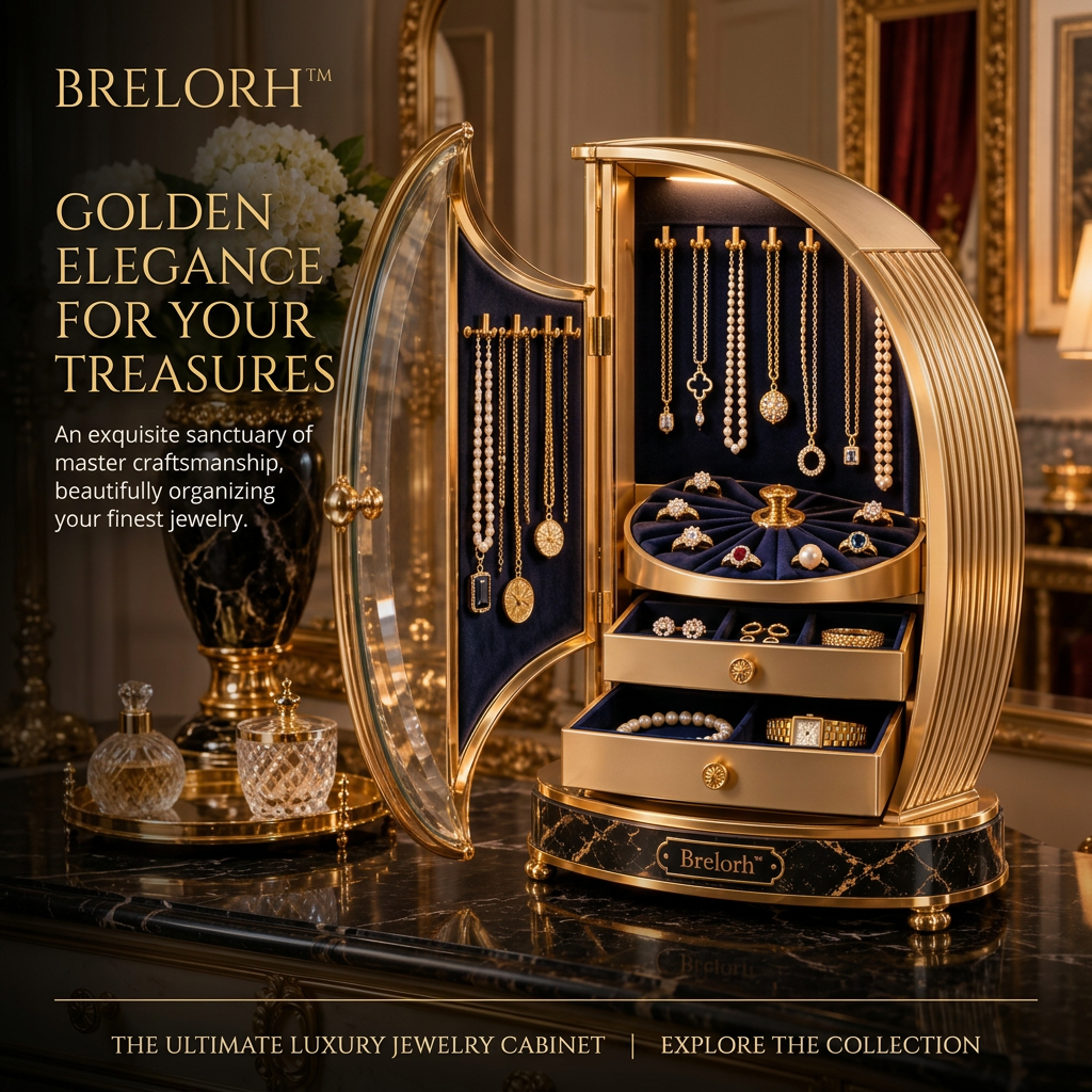 Brelorh™ Solenne Curved Gold and Navy Jewelry Cabinet — image 1